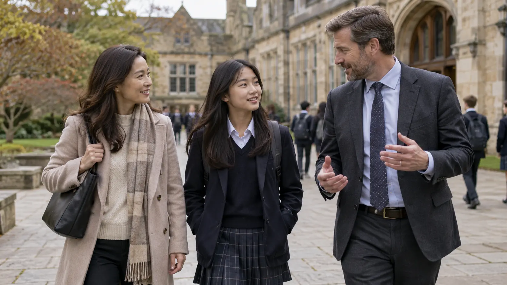 A school pupil, parent and teacher talking in a British school courtyard