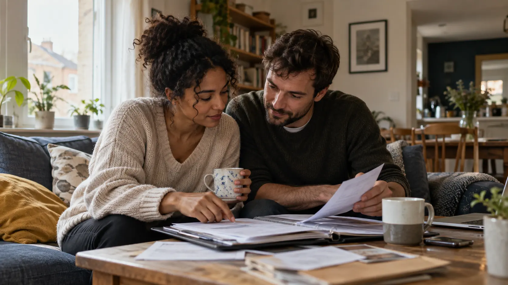 A couple at home reviewing documents and discussing their plans