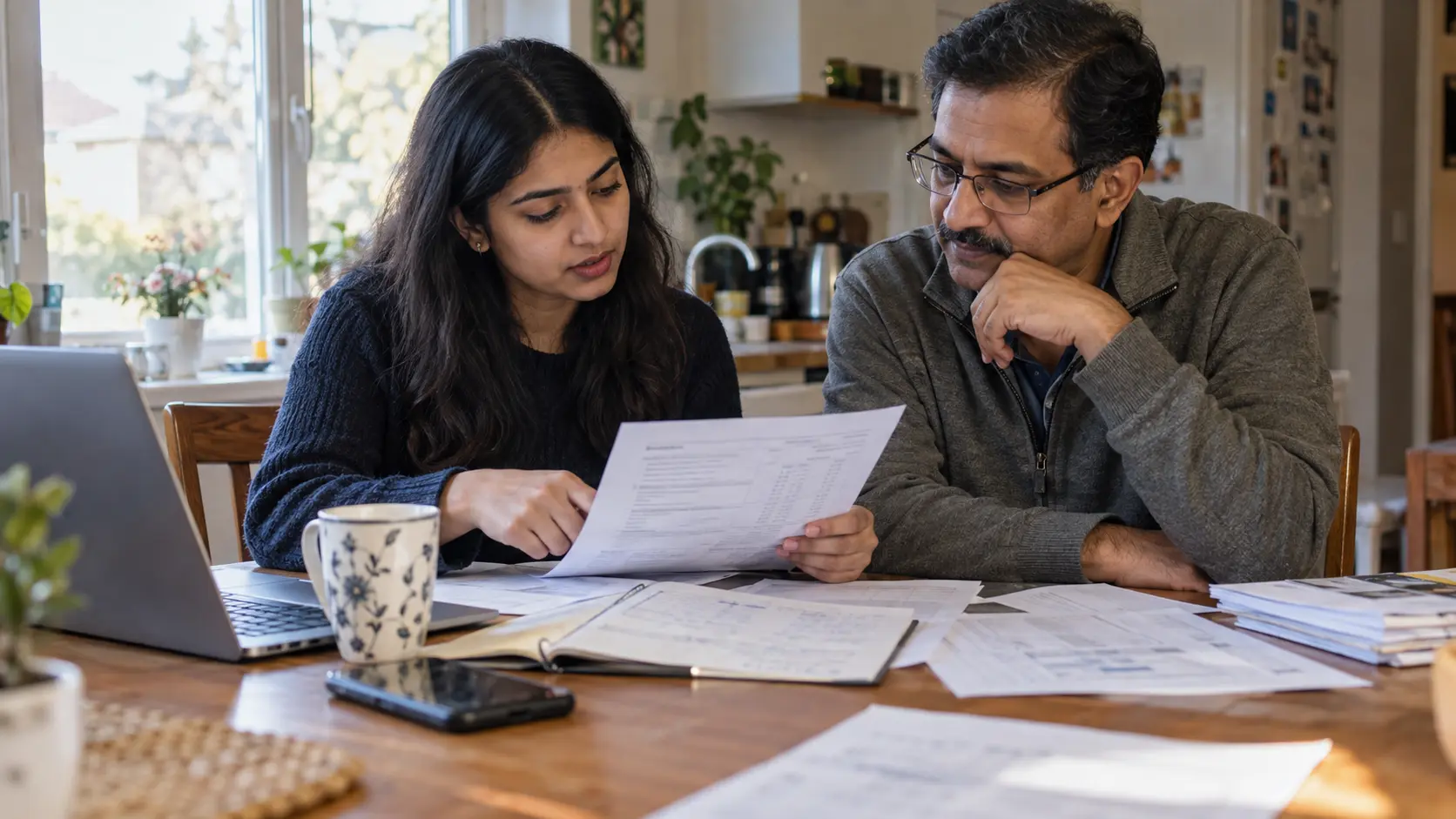 A postgraduate applicant and parent checking financial documents together
