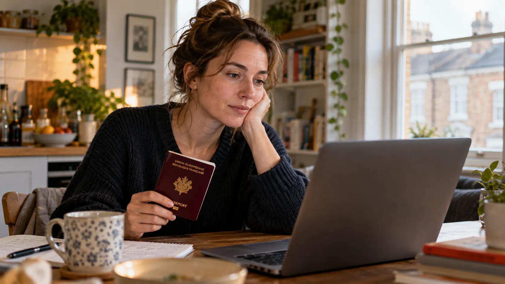 A resident reviewing documents at home while holding a closed French EU passport